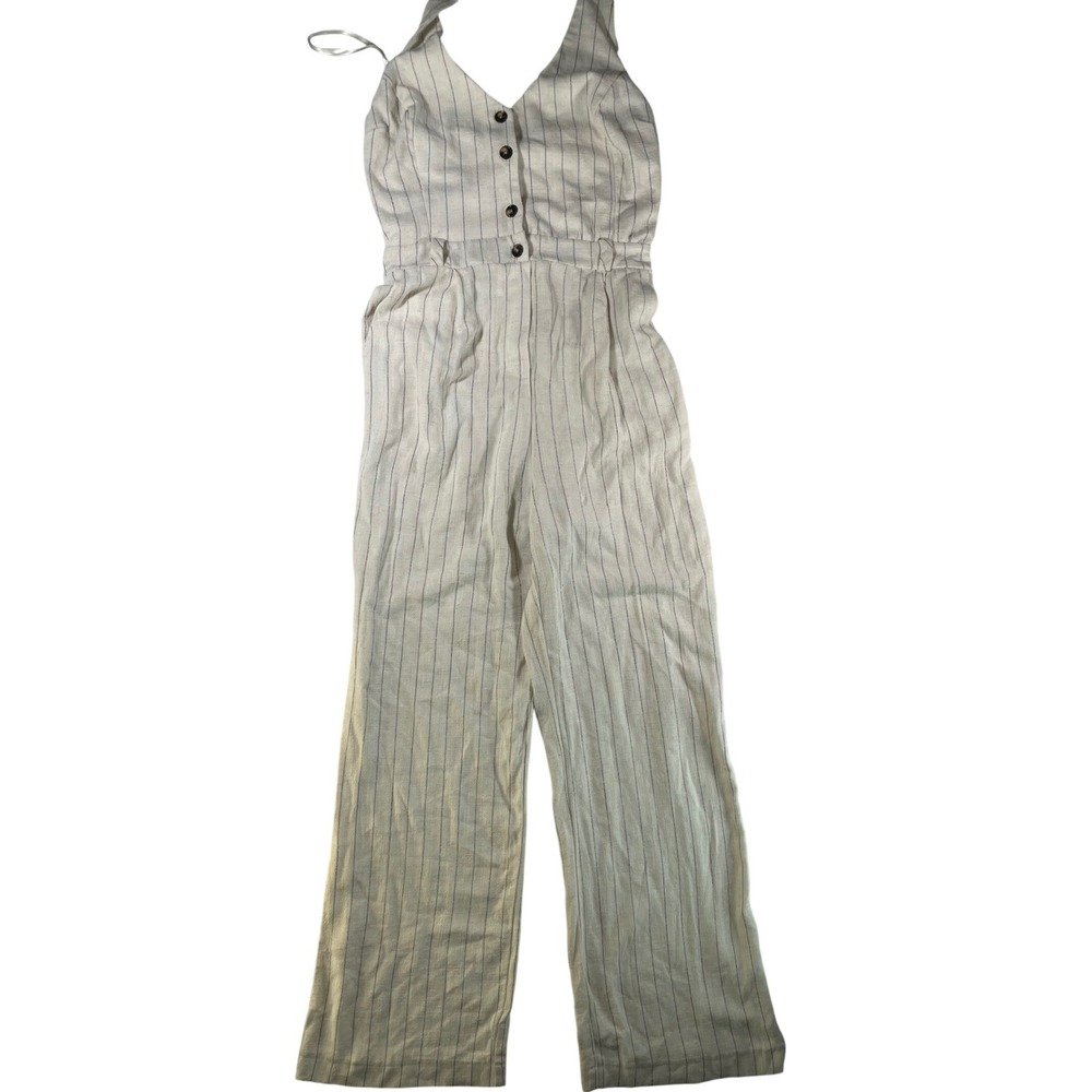 Monteau Jumpsuit Womens Beige Pinstripe Linen Blend Halter Wide Leg M